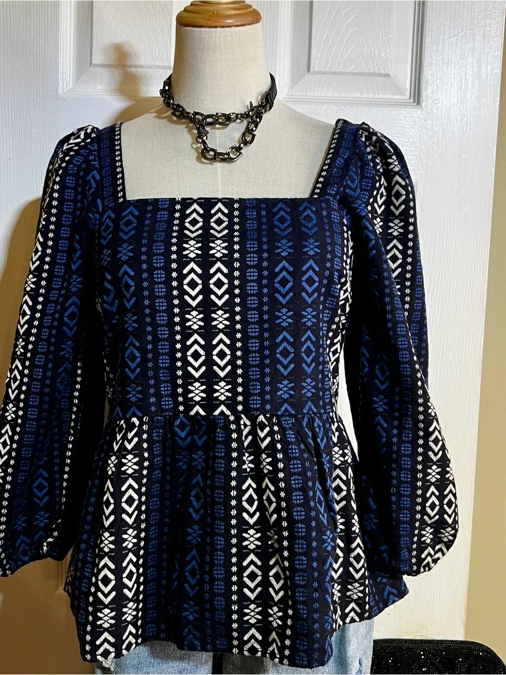 Madewell Lightspun Blue Millbrook Puff Sleeve Geo Print Cotton Peplum Top XXS